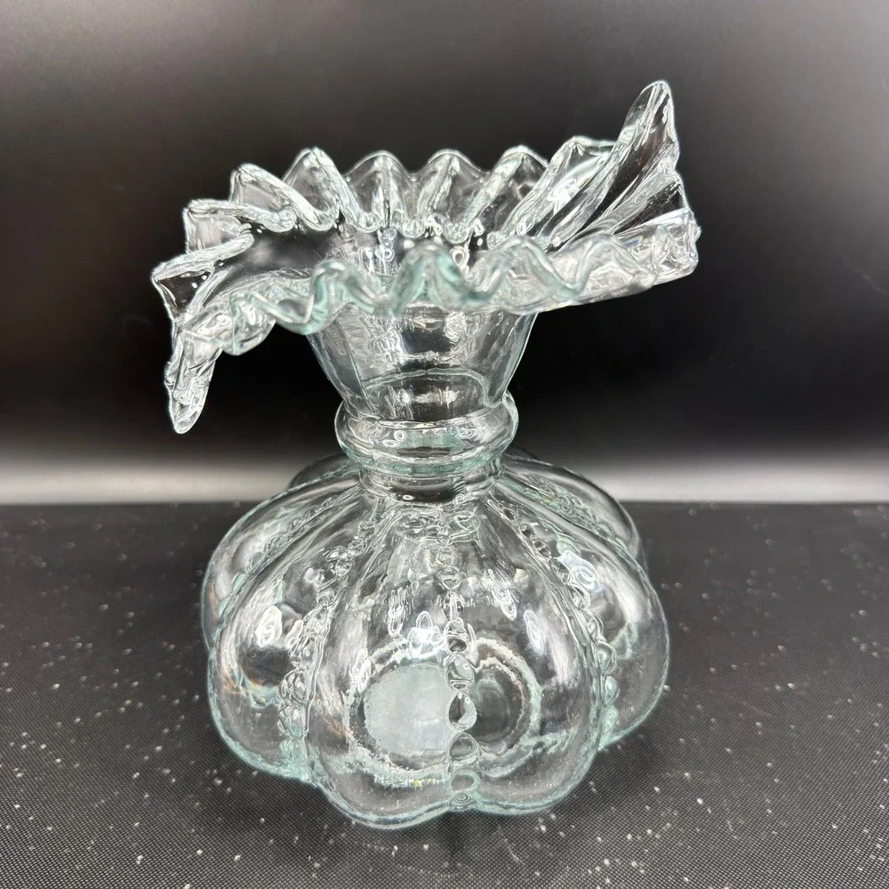 Clear Glass Ruffled Vase Hobnail Lobed Pumpkin‎ Base Heavy 8 Inch Vessel VTG